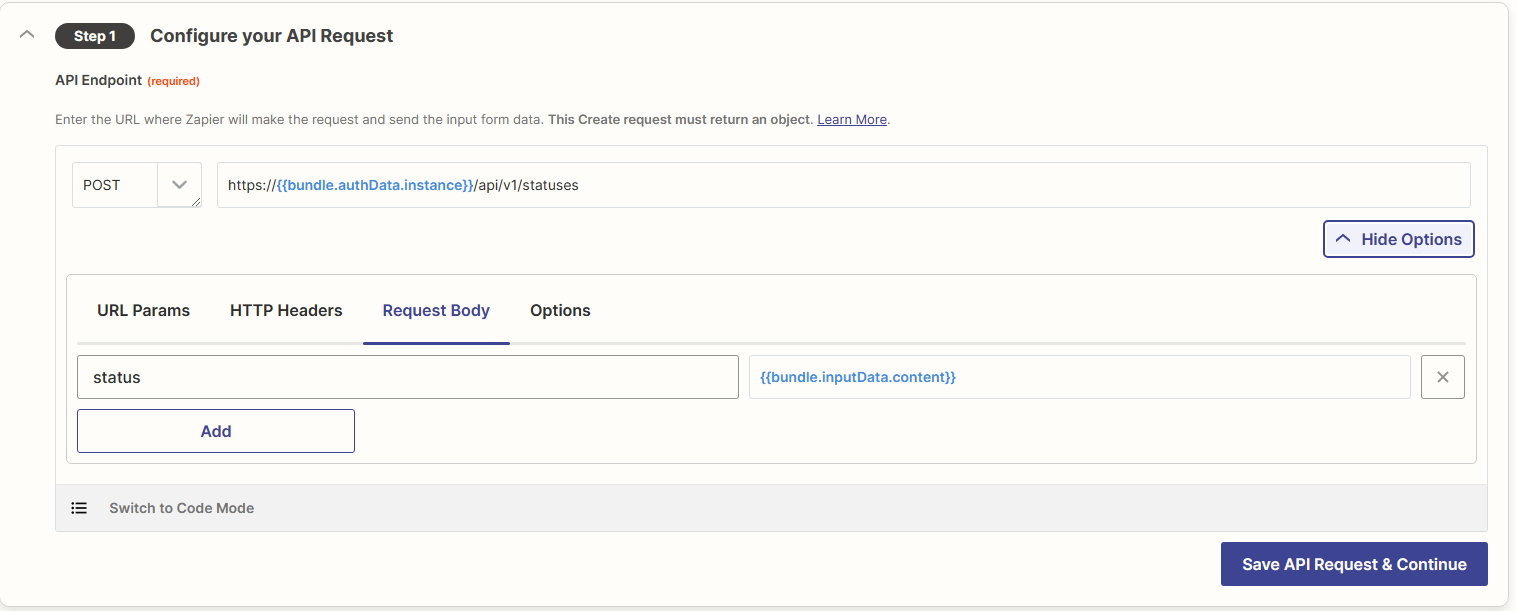 Picture of the Zapier API Request configuration screen